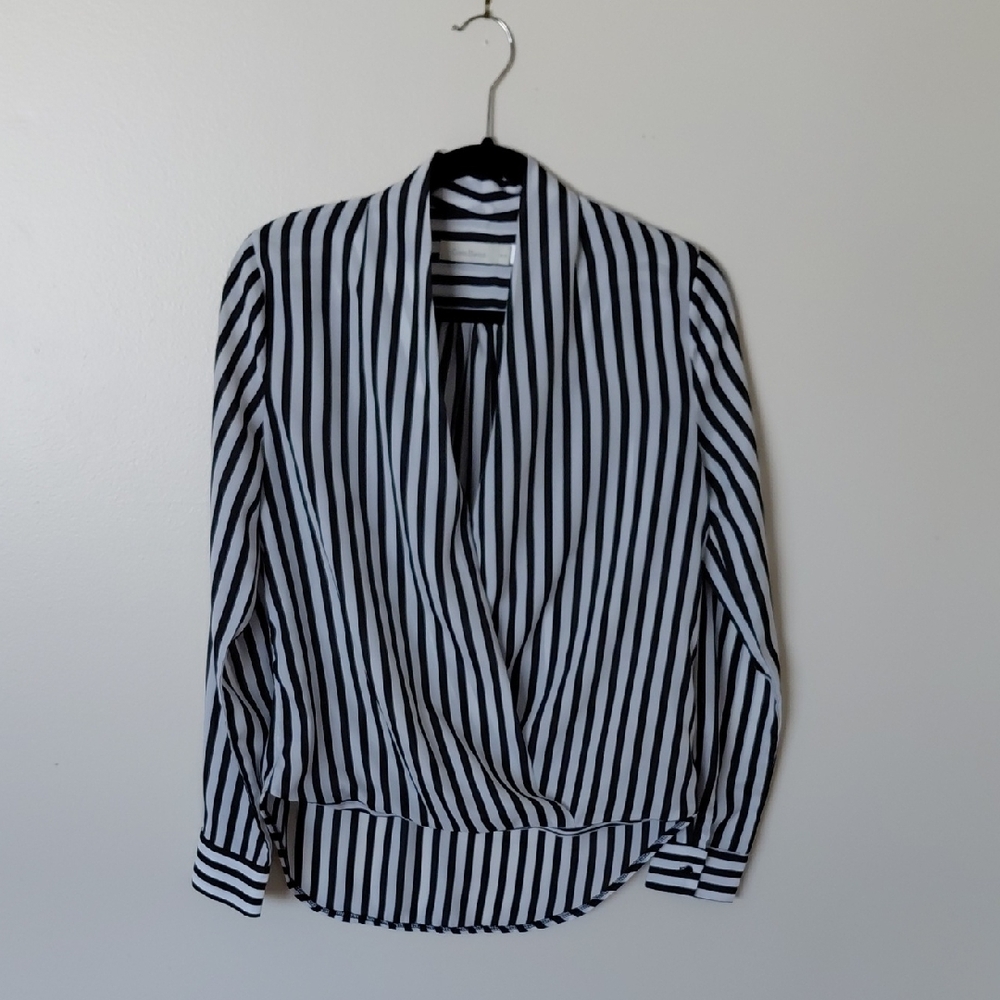 🔴 Costa Blanca Black and White Vertical Stripe Wrap Blouse